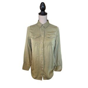 Chicos Womens ButtonUp Shirt Small Size 0 Olive Green Front Pockets Cabincore